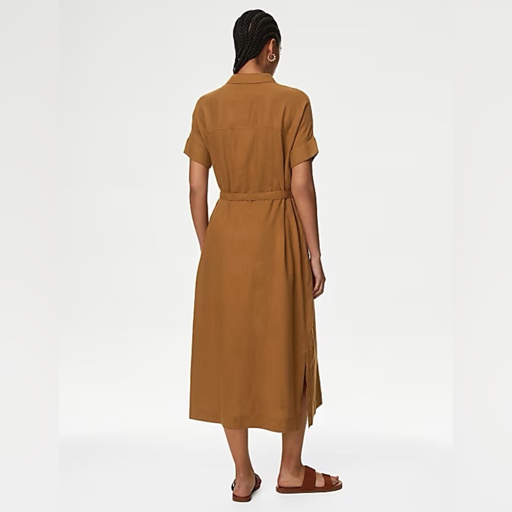 a.n.a. Linen Blend Midi Shirt Dress Tie Waist Button Front Brown M NWT - Picture 5 of 12